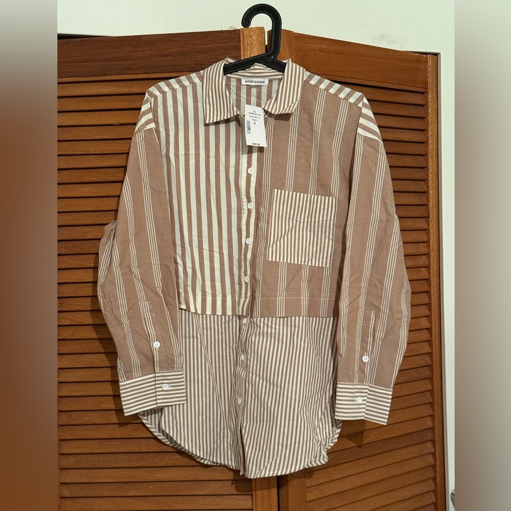 Bootlegger Beige and White Striped Button-Down Shirt
